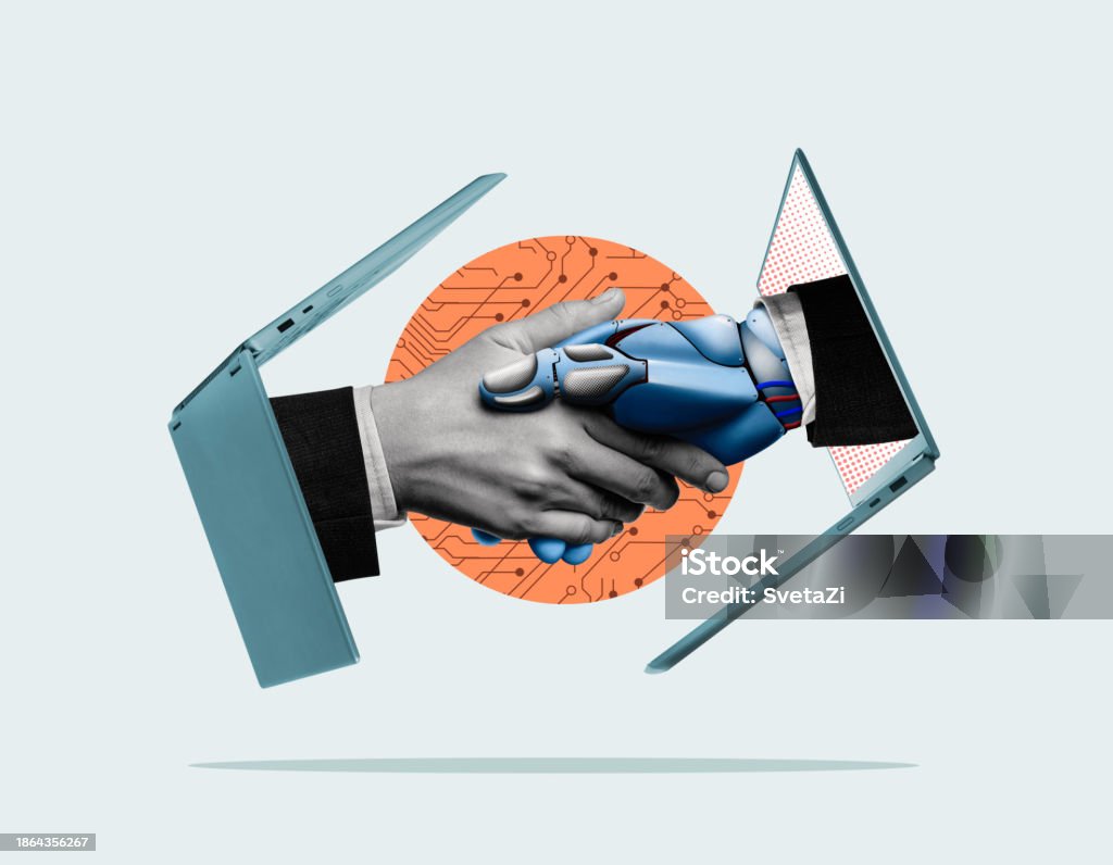 Handshake of man and robot. Modern technologies. Art collage.
